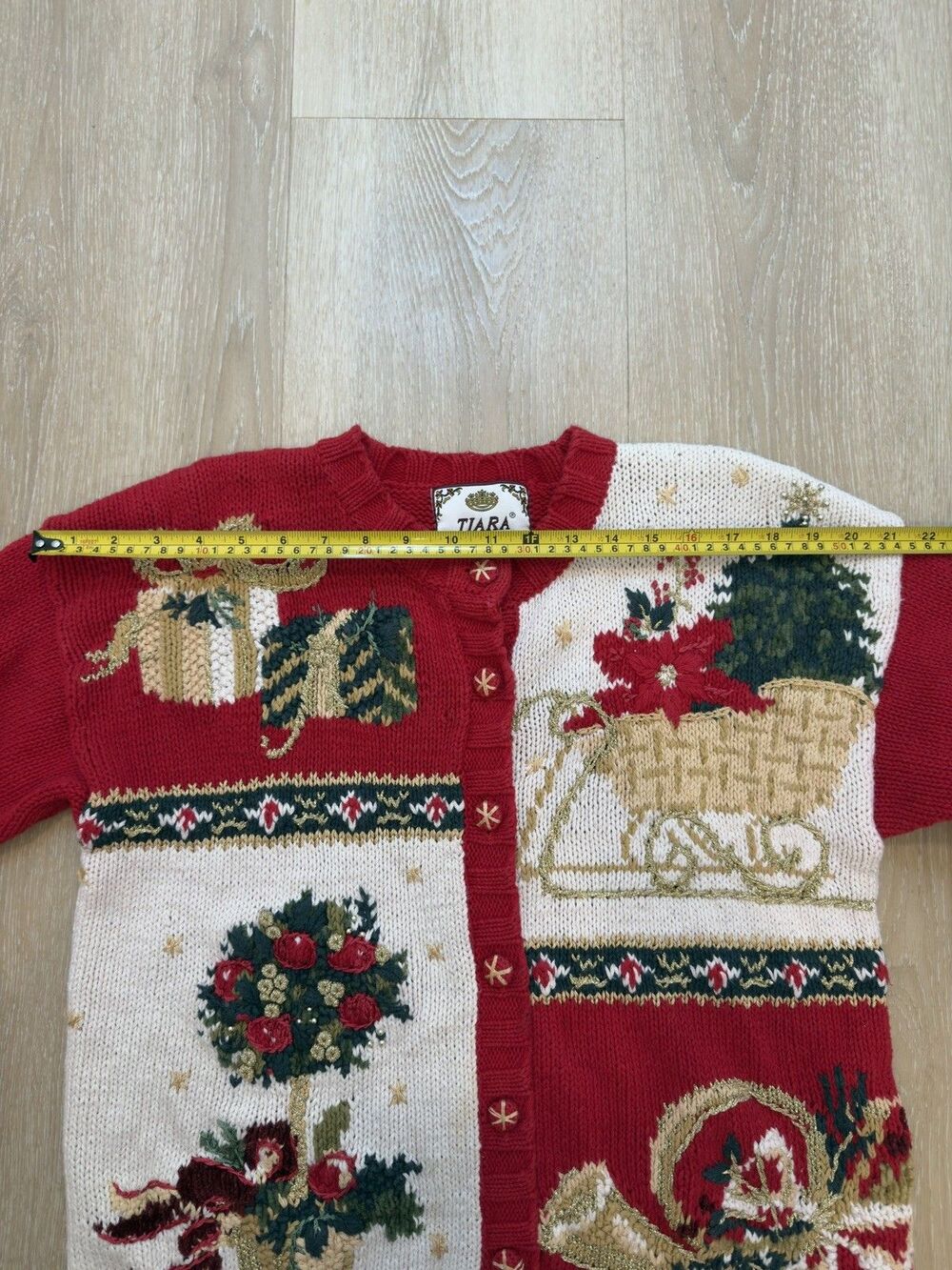 VTG Y2K Tiara International Christmas Cardigan Ugly Grandma Sweater S Patchwork - Picture 8 of 15